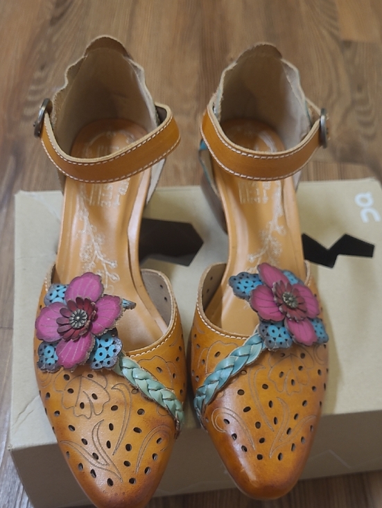 L'ATISTE Shoes - L'ATISTE Tan Leather Ankle-Strap Heels with Pink and Teal Floral Accents